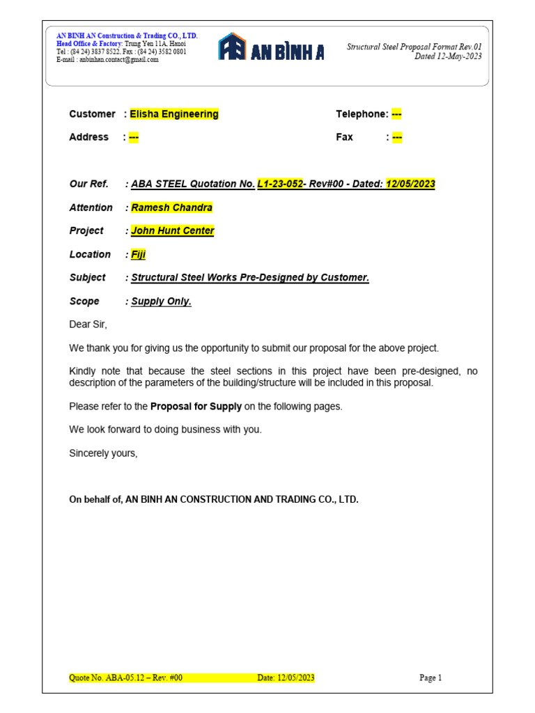 Structural Steel Quotation for Fiji Project | PDF
