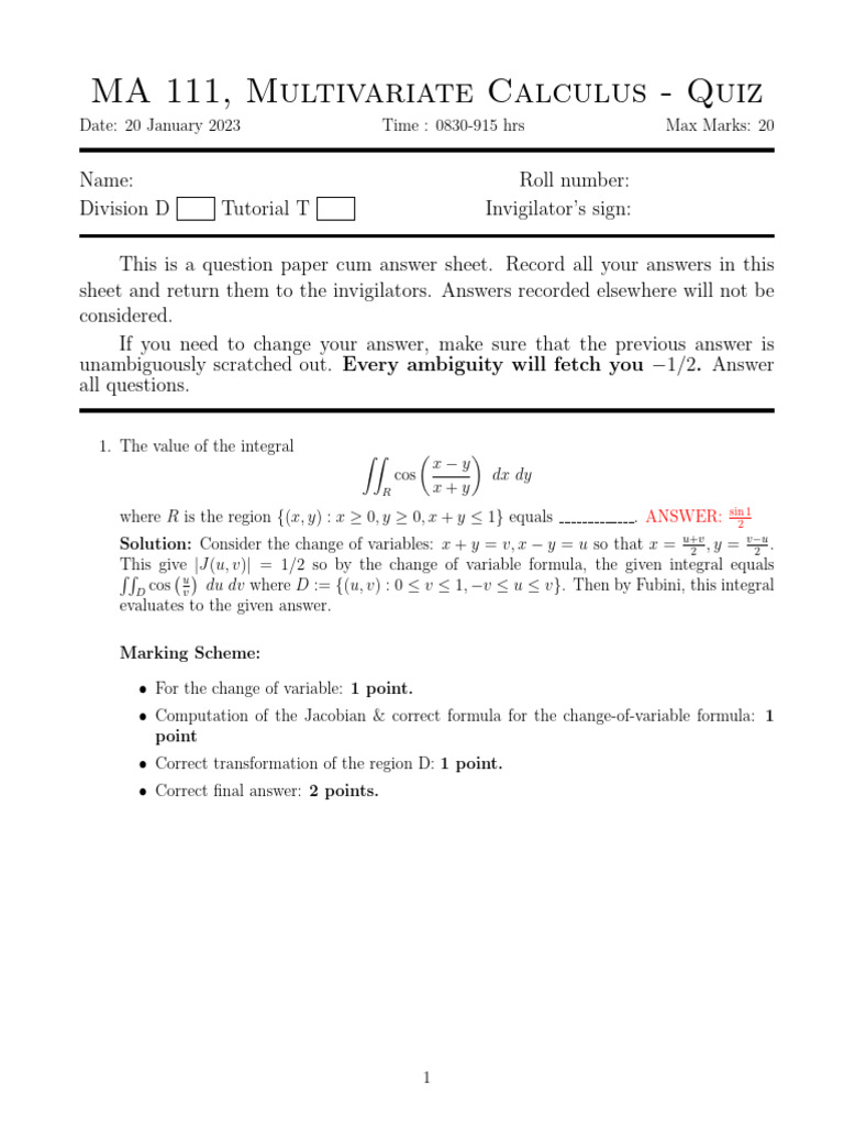 MA 111 Multivariate Calculus Quiz | PDF | Mathematical Analysis ...