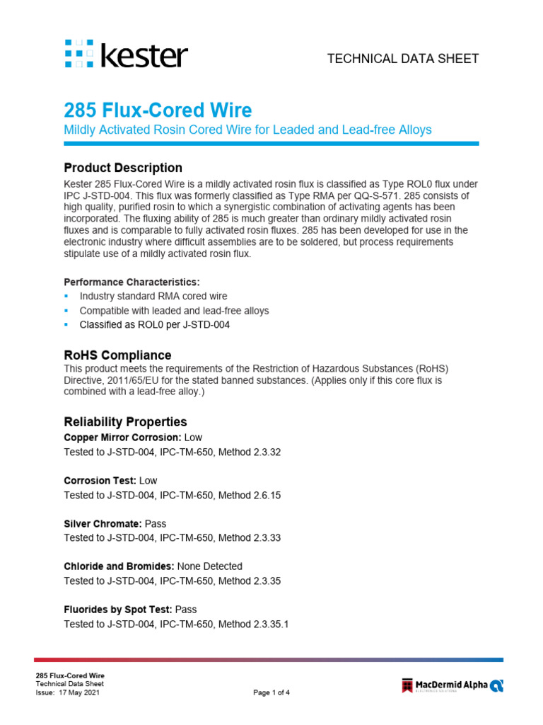 Kester 285 Flux Cored Wire en 17may21 TB | PDF | Solder | Materials