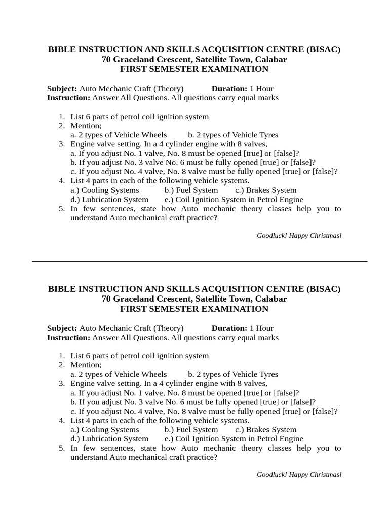 Auto Mechanic Theory Exam Questions | PDF
