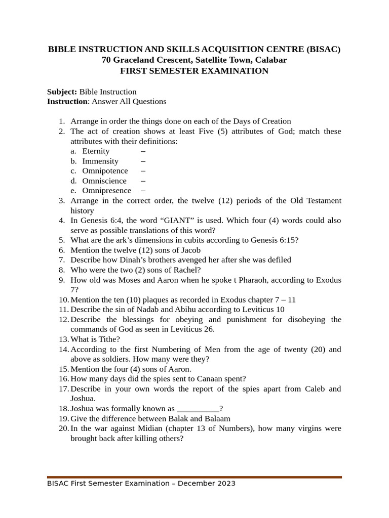 BISAC Bible Instruction Exam 2023 | PDF
