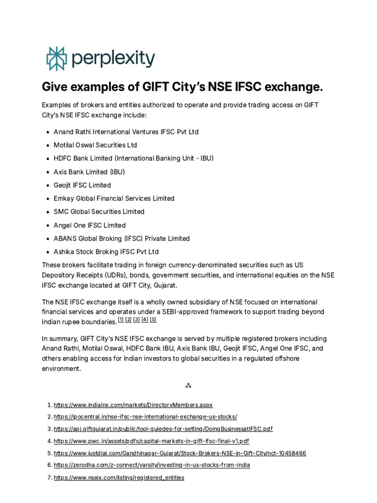Give Examples of GIFT City's NSE IFSC Exchange. | PDF