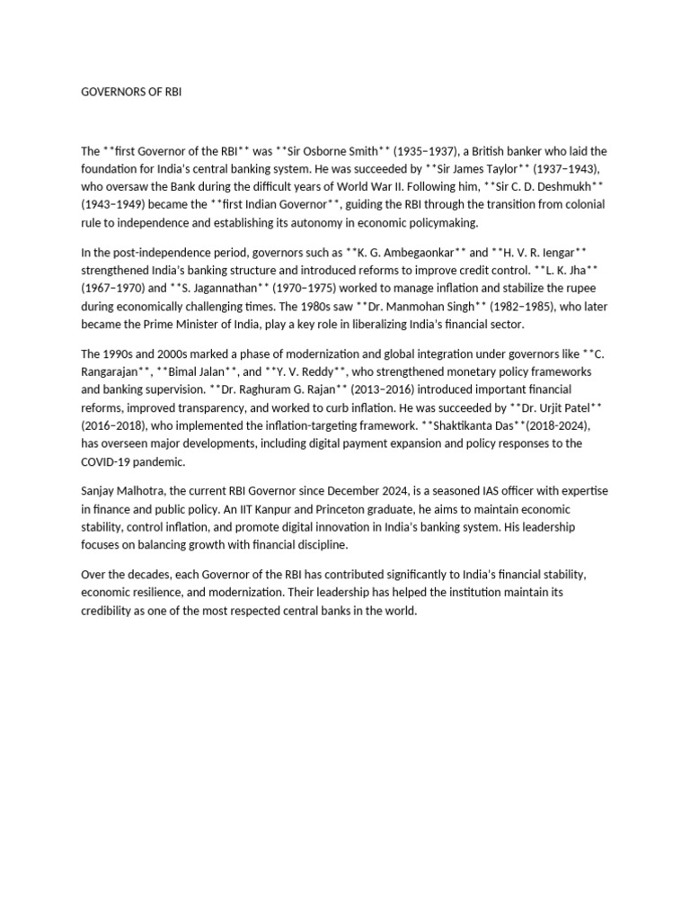 Overview of RBI Governors and Roles | PDF | Reserve Bank Of India | Banks