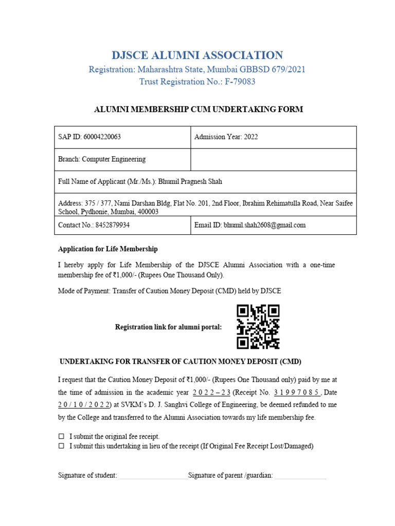 DJSCE Alumni Membership Form Revised Filled | PDF