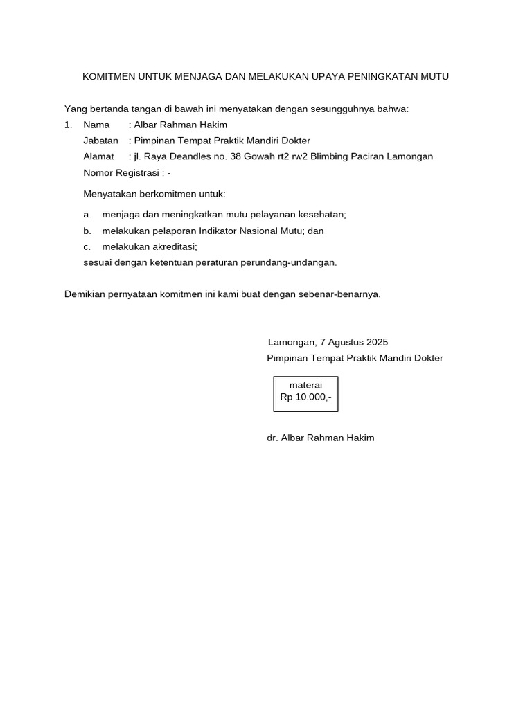 V2 Pernyataan Komitmen Mutu TPMD | PDF