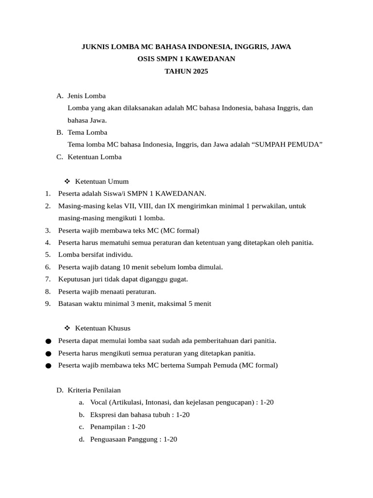 Juknis Lomba Mc Bahasa Indonesia Bahasa Inggris Dan Bahasa Jawa Pdf