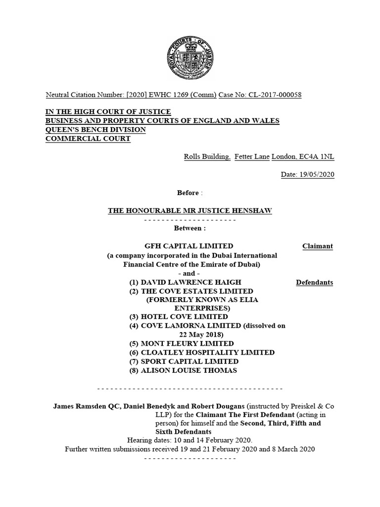 GFH Capital LTD V Haigh & Ors - (2020) EWHC 1269 (Comm) | PDF ...