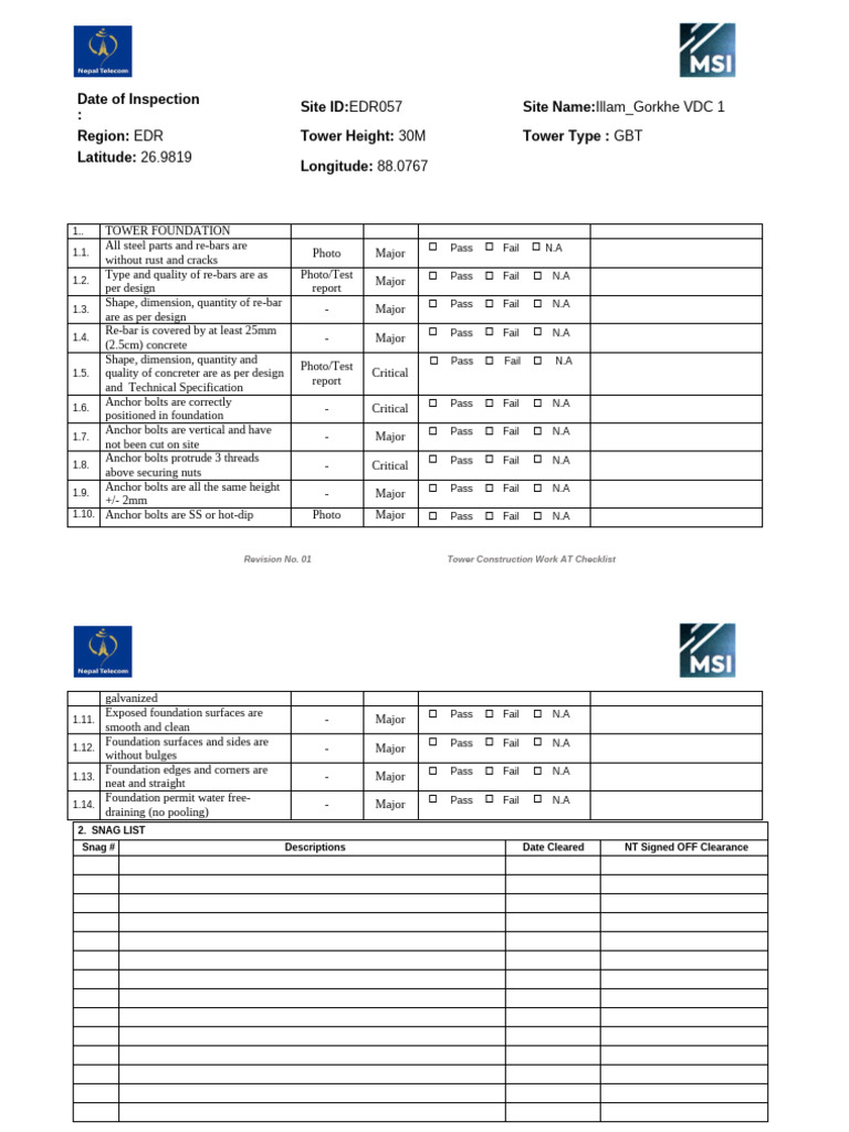 Tower Construction Inspection Checklist | PDF | Structural Engineering