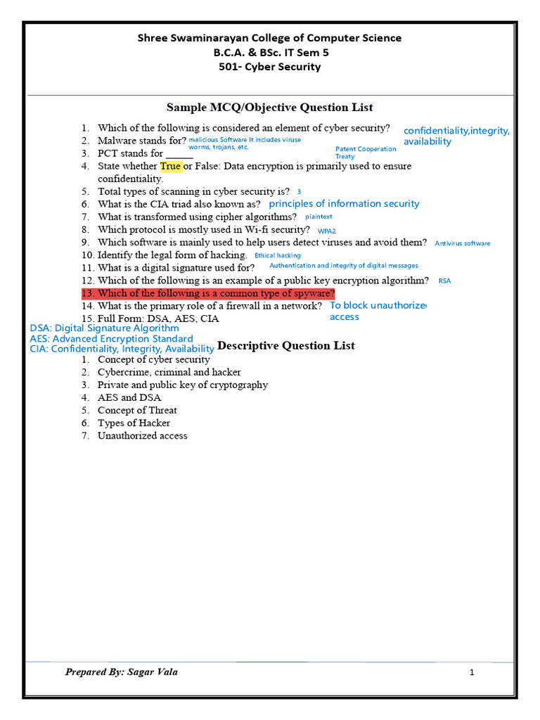 Cyber Security MCQs and Concepts Guide | PDF