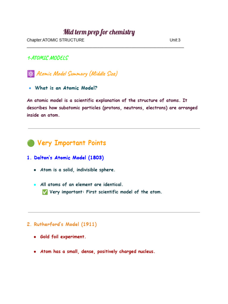 Chemistry Midterm: Atomic Structure Guide | PDF | Atoms | Atomic Nucleus