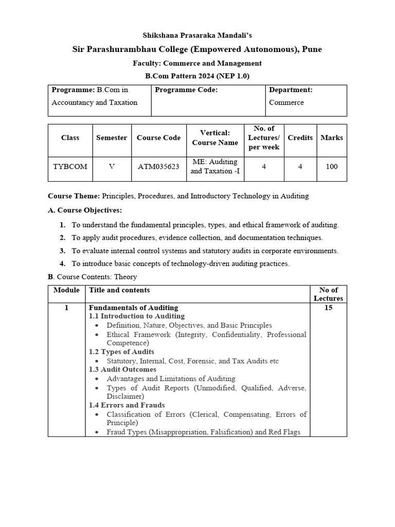 B.Com Auditing and Taxation Course Guide | PDF | Audit | Internal Control