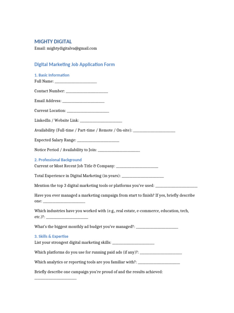 Digital Marketing Job Application Form | PDF | Digital Marketing ...