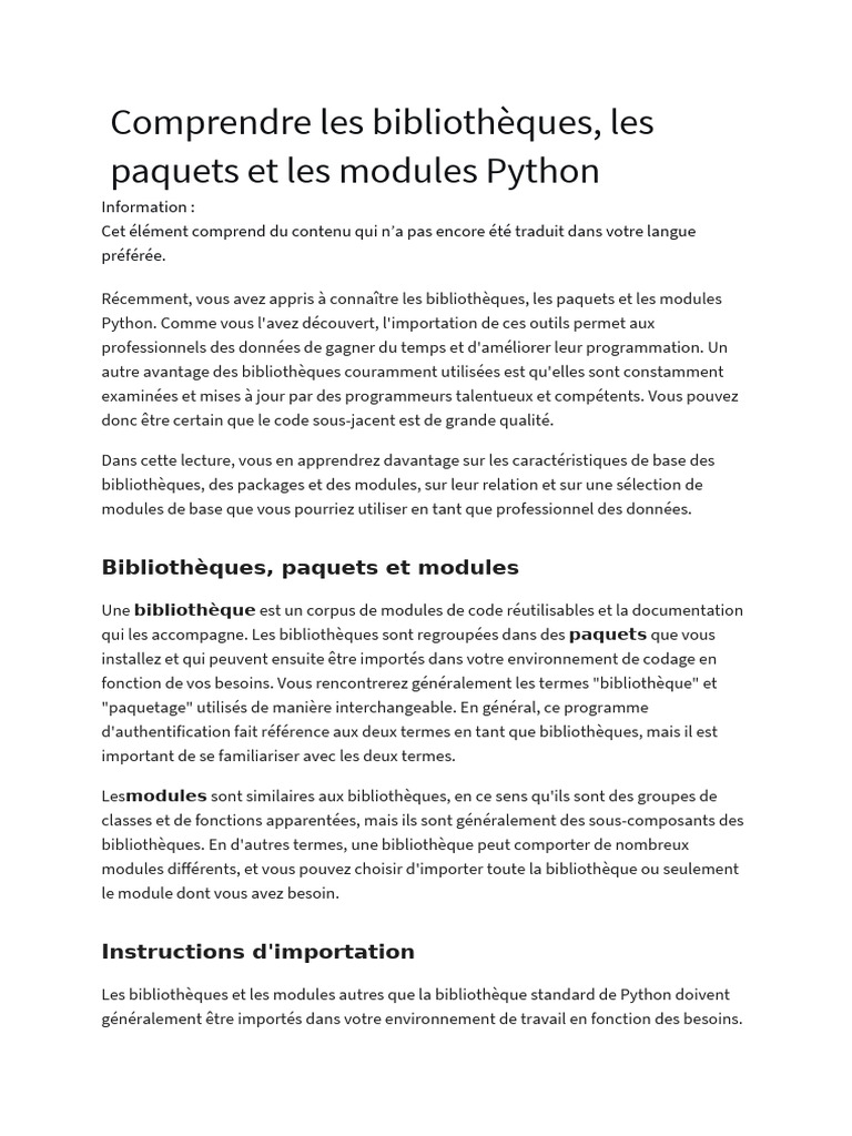 Bibliothèques, paquets et modules Python | PDF | Python (Langage de ...