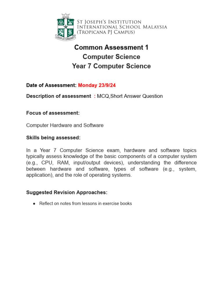 Year 7 Computer Science Assessment Guide | PDF