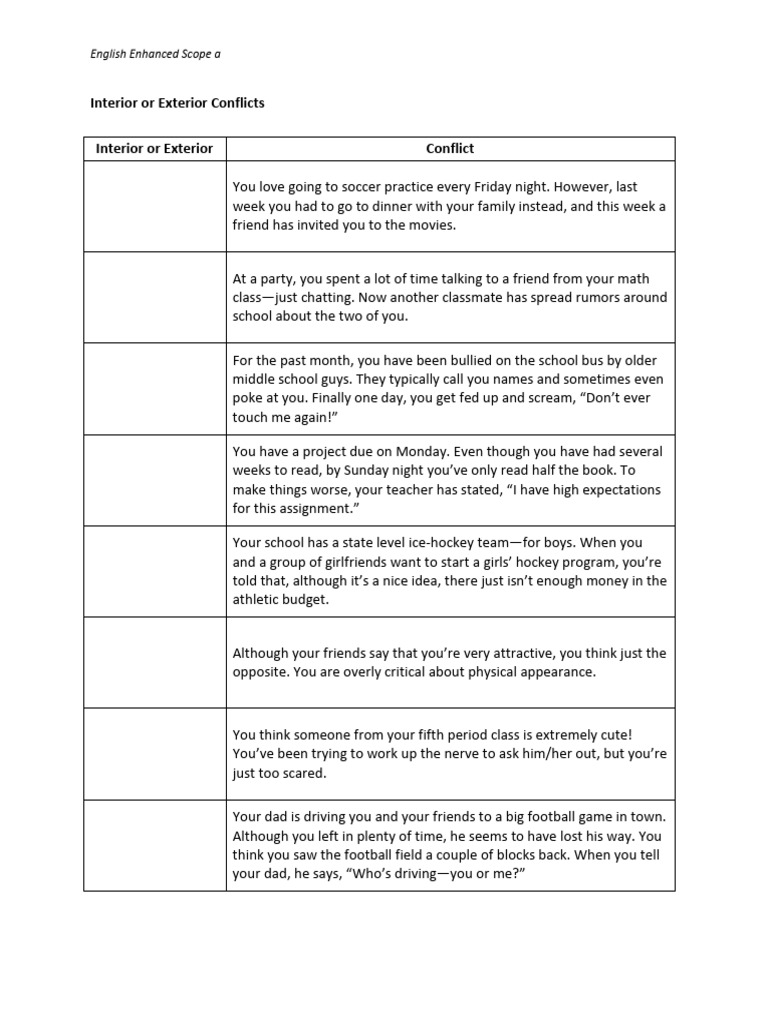 Internal and External Conflict Worksheet | PDF