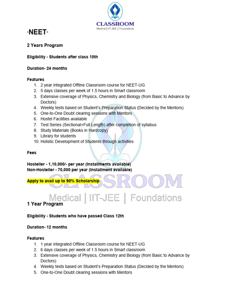 NEET-UG Coaching Programs Overview | PDF
