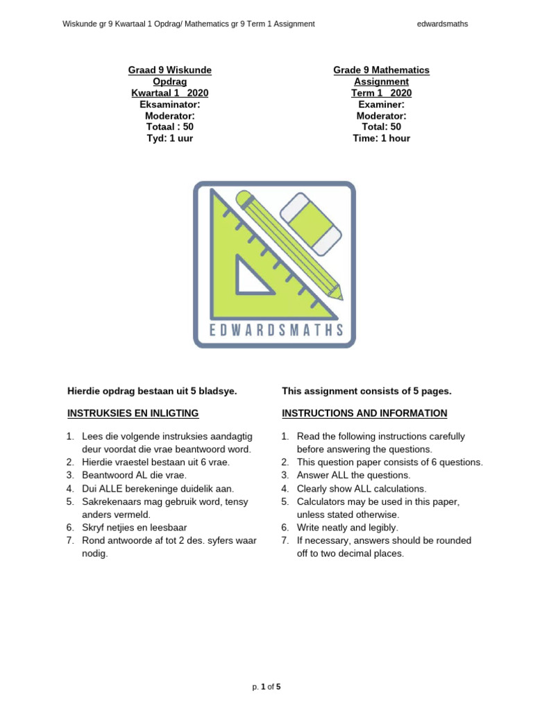 Grade 9 Mathematics Term 1 Assignment | PDF | Chess Theory | Chess