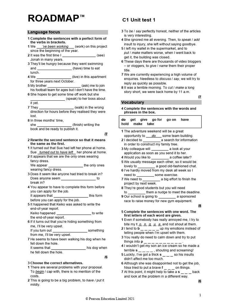 C1 Unit Test: Perfect Verb Forms | PDF