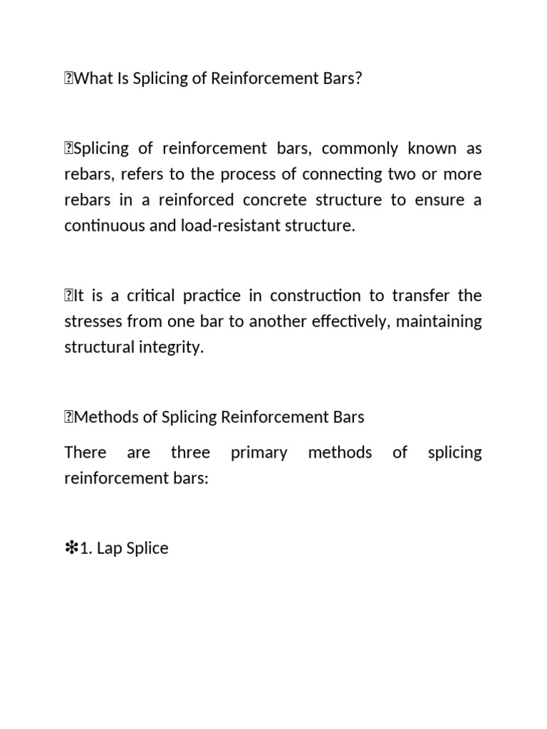 Splicing Methods for Reinforcement Bars | PDF | Welding | Construction
