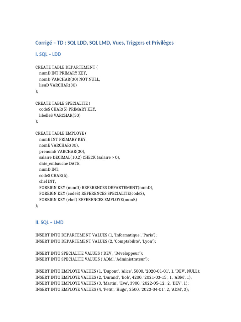 SQL LDD, LMD, Vues, Triggers, Privilèges | PDF | Software Design | Data ...