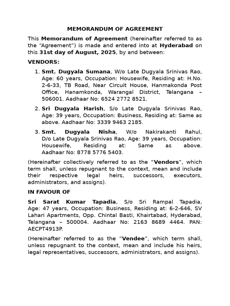 Memorandum of Agreement Naveen Tapadia | PDF | Private Law | Common Law
