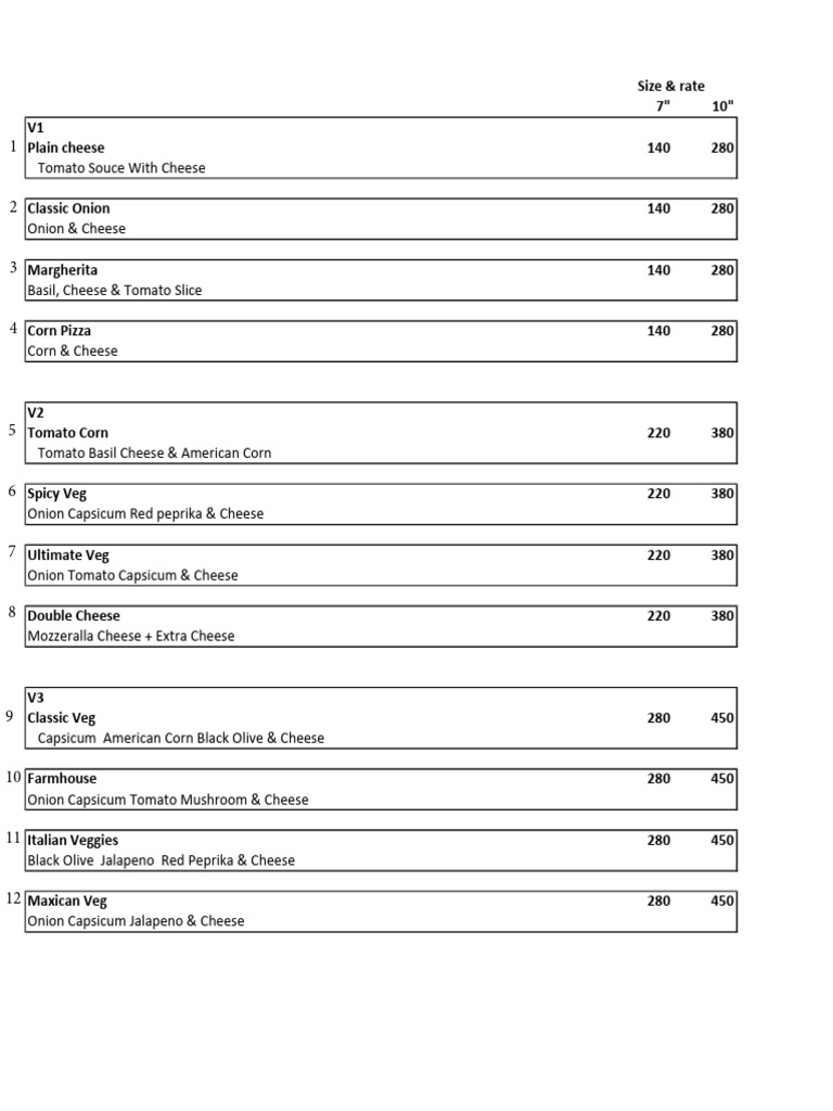 Pizza Varieties and Pricing Guide | PDF