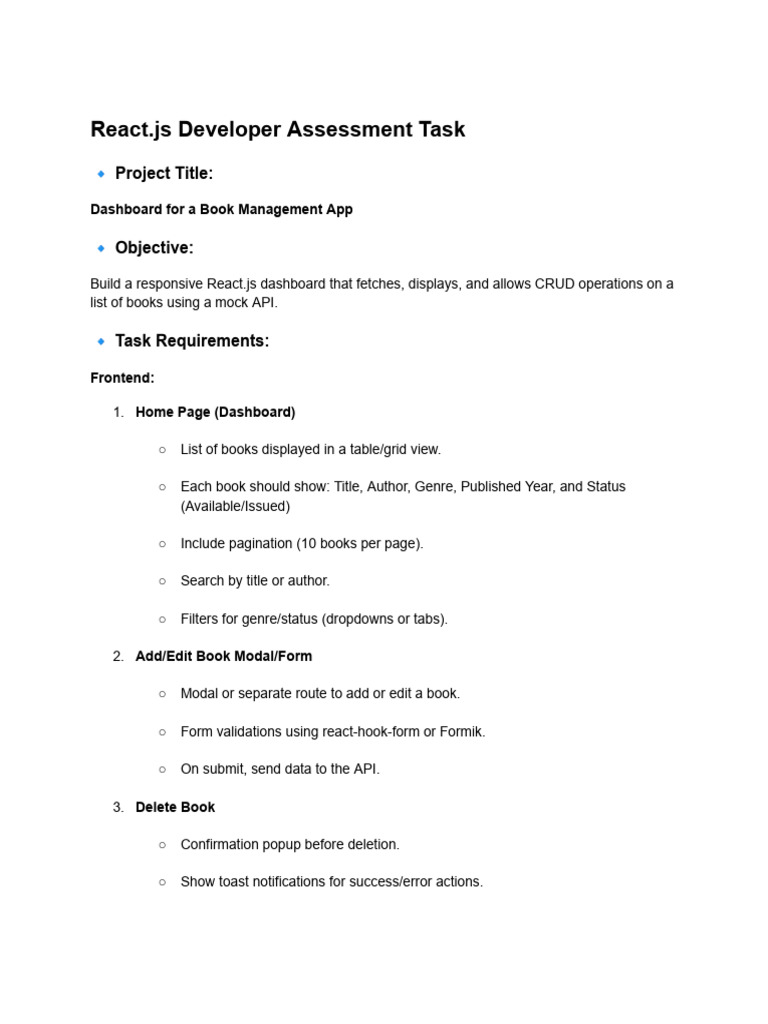 React.js Book Management Dashboard Task | PDF