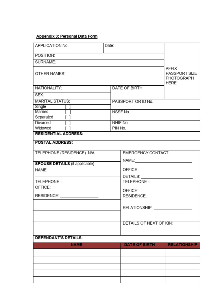 Personal Data Form Template | PDF