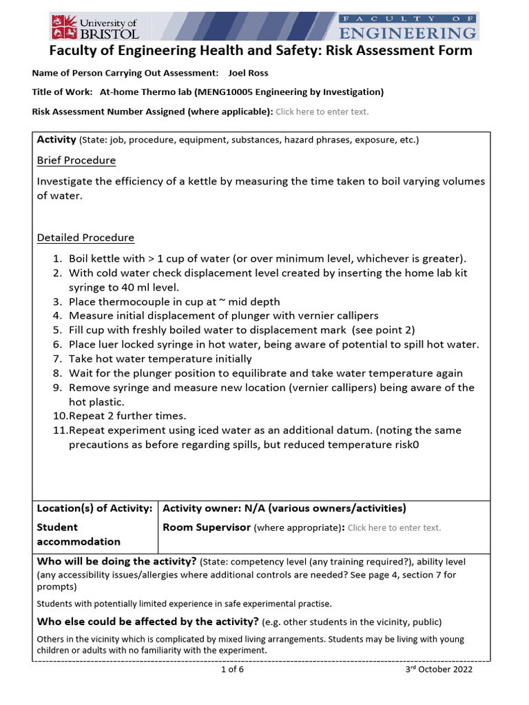 Thermo Lab Risk Assessment New Lab Measuring Cylendar Expansion | PDF ...