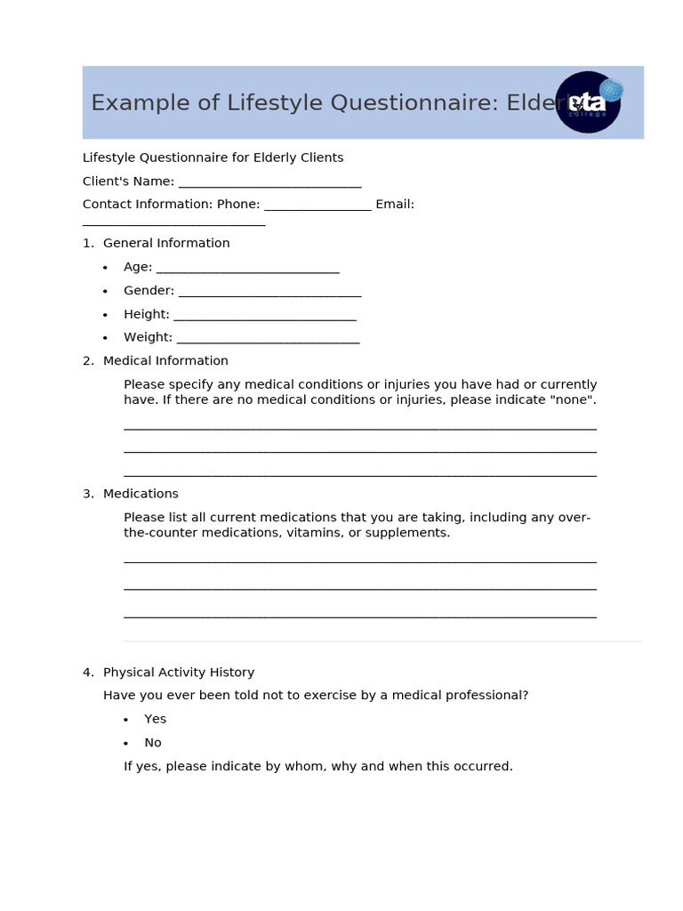 Elderly Lifestyle Questionnaire Template | PDF | Dietary Supplements ...