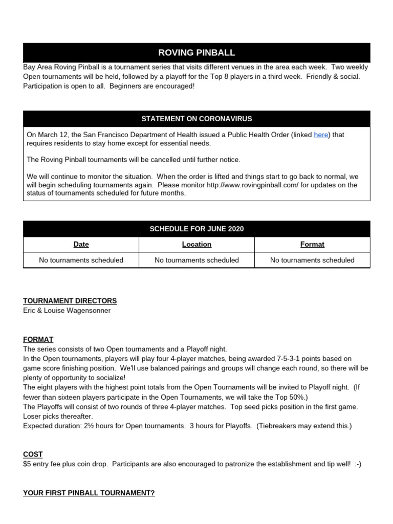 Bay Area Roving Pinball Tournaments | PDF | Tournament | Sports