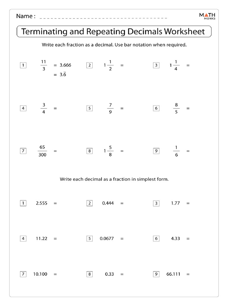 Terminating and Repeating Decimals Worksheet | PDF