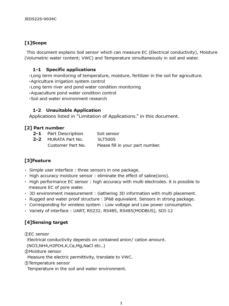 Soil Sensor Specification Sheet SLT5005 | PDF | Porosity | Soil
