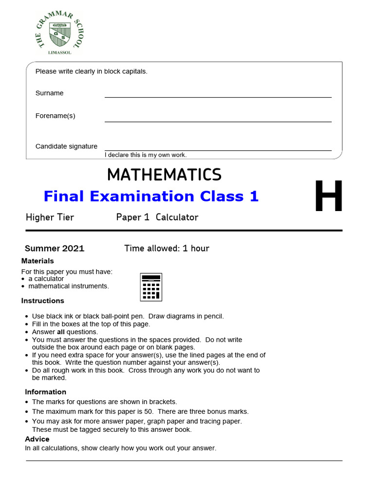 Higher Tier Mathematics Exam Instructions | PDF | Circle | Area