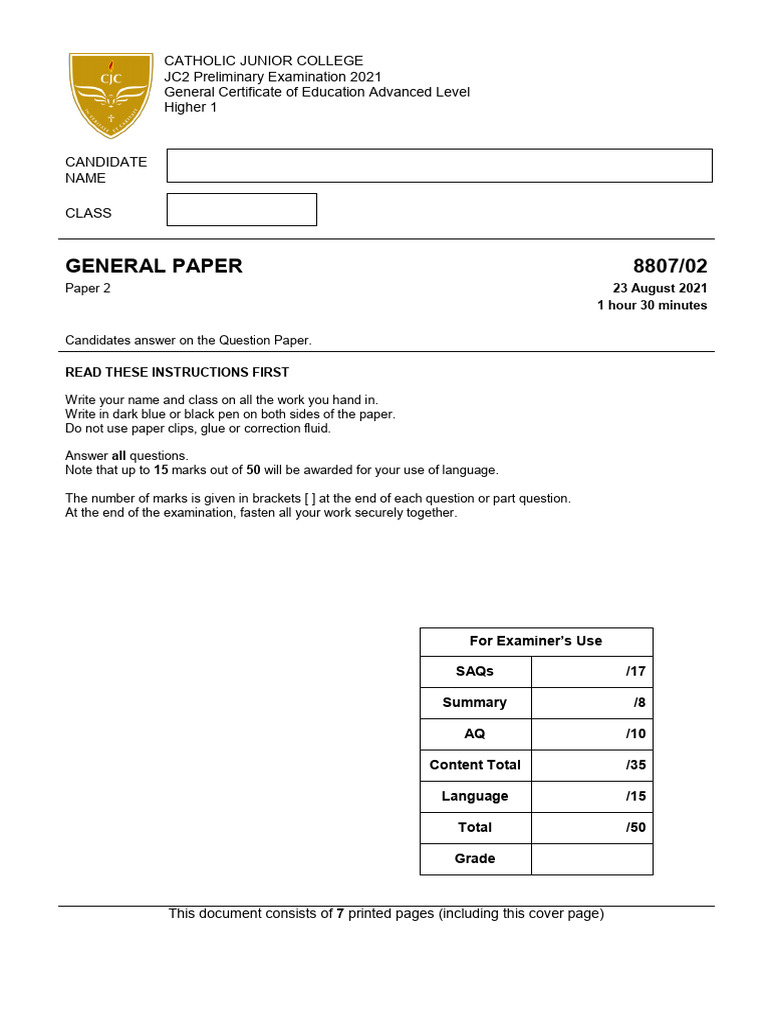 JC2 General Paper Exam 2021 Guide | PDF | Psychology | Psychological ...
