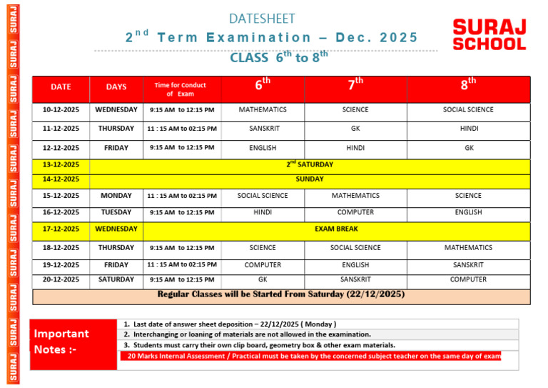 Datesheet 2nd Term - DeC 2025 - VI - VIII | PDF