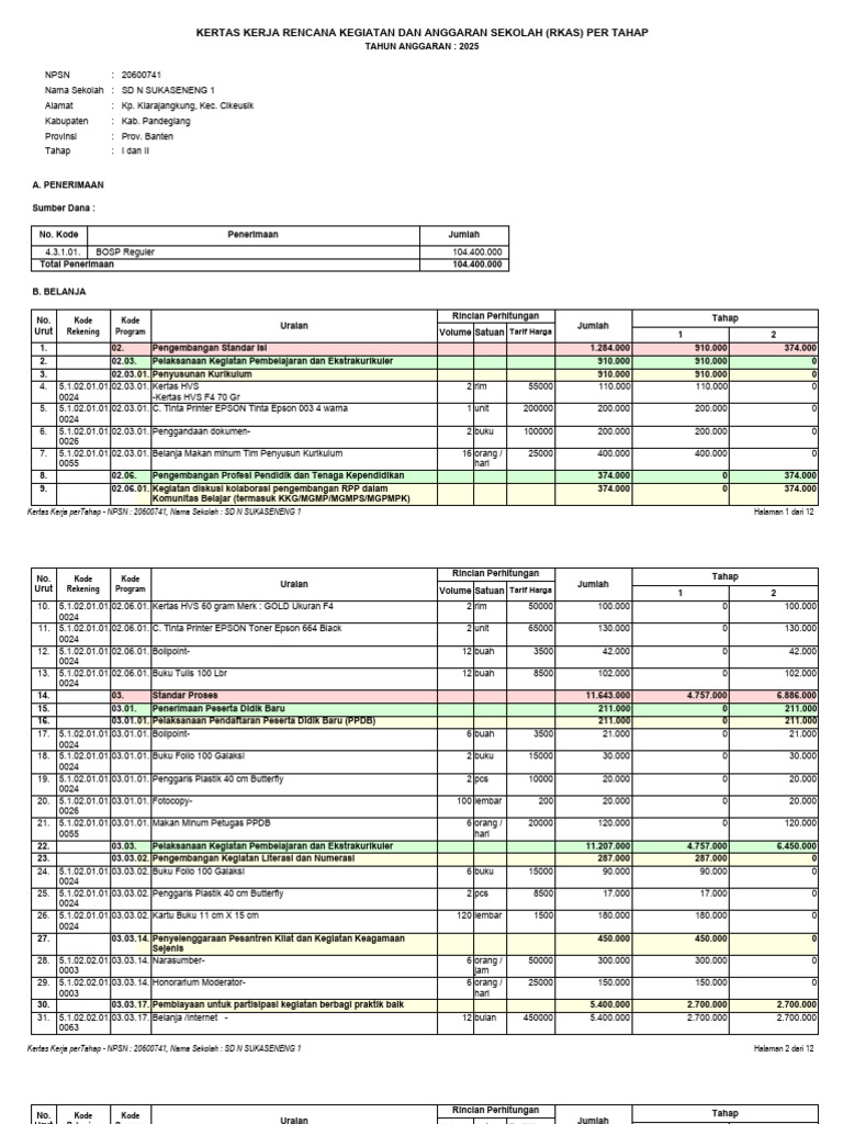 RKAS Sekolah SD N Sukaseneng 1 2025 | PDF