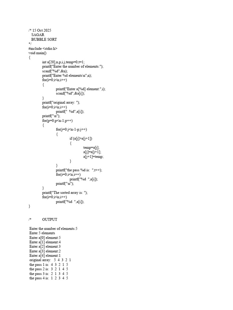 Bubble Sort Algorithm in C | PDF