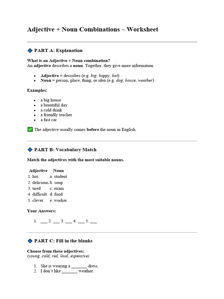 Adjective + Noun Combinations Worksheet | PDF