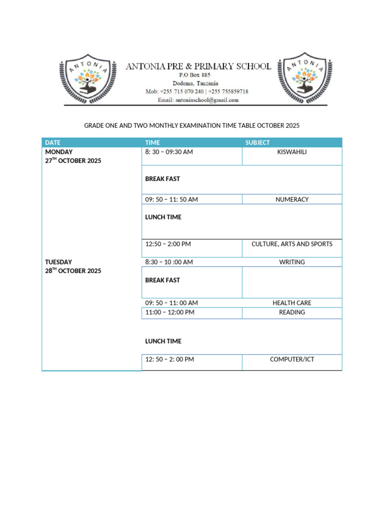 Grade 1 Examination Timetable October 2025 | PDF