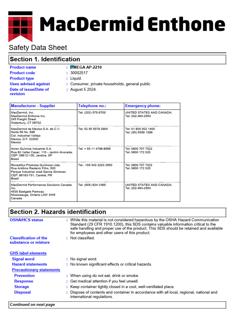 Omega AP-2210 Safety Data Sheet | PDF | Toxicity | Waste