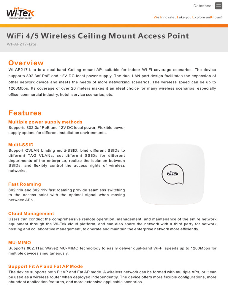 WI AP217 Lite Datasheet V1.0 | PDF | Ieee 802.11 | Wi Fi