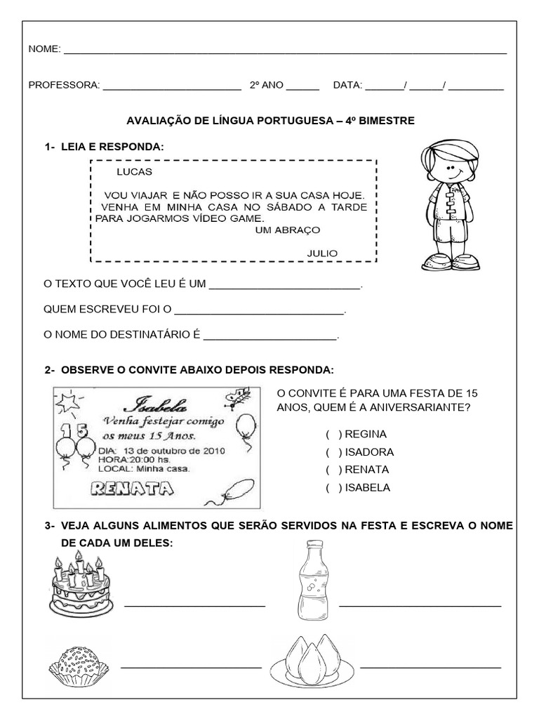 Avaliação de Língua Portuguesa 2º Ano | PDF