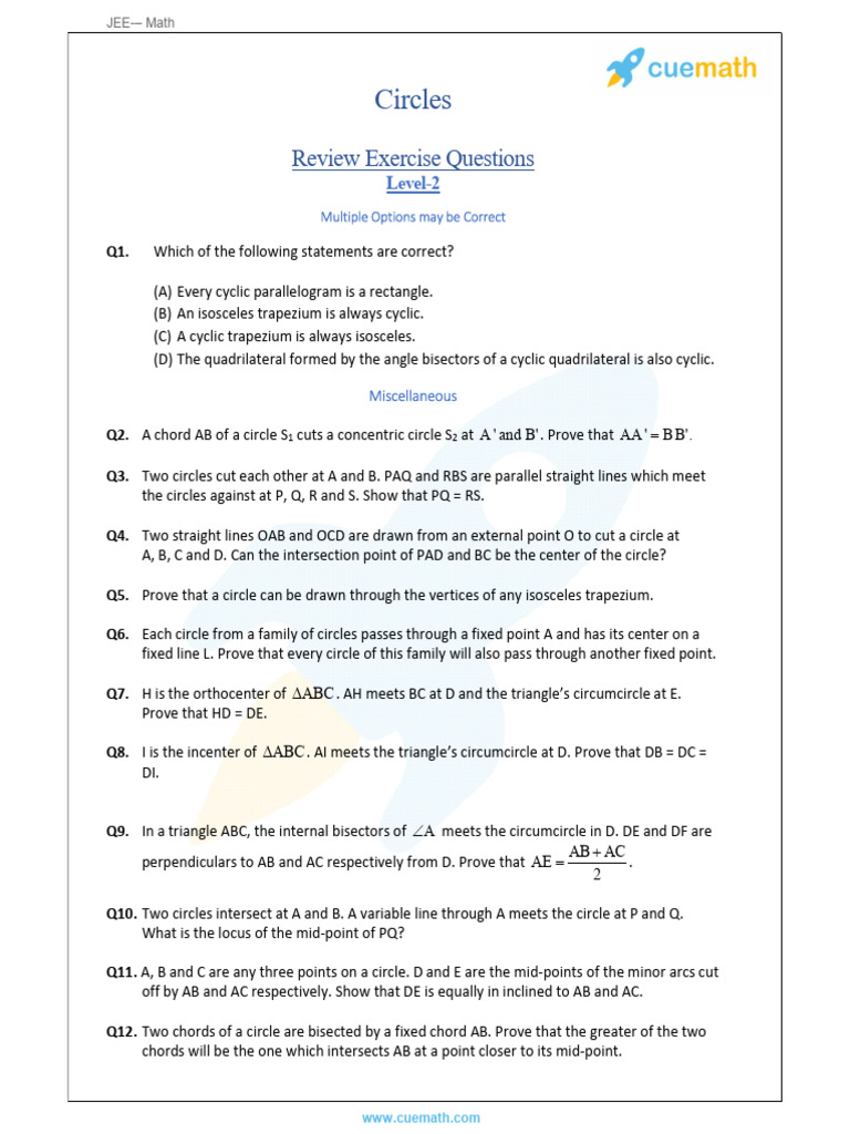 Circles: Review Exercise Questions | PDF | Circle | Classical Geometry