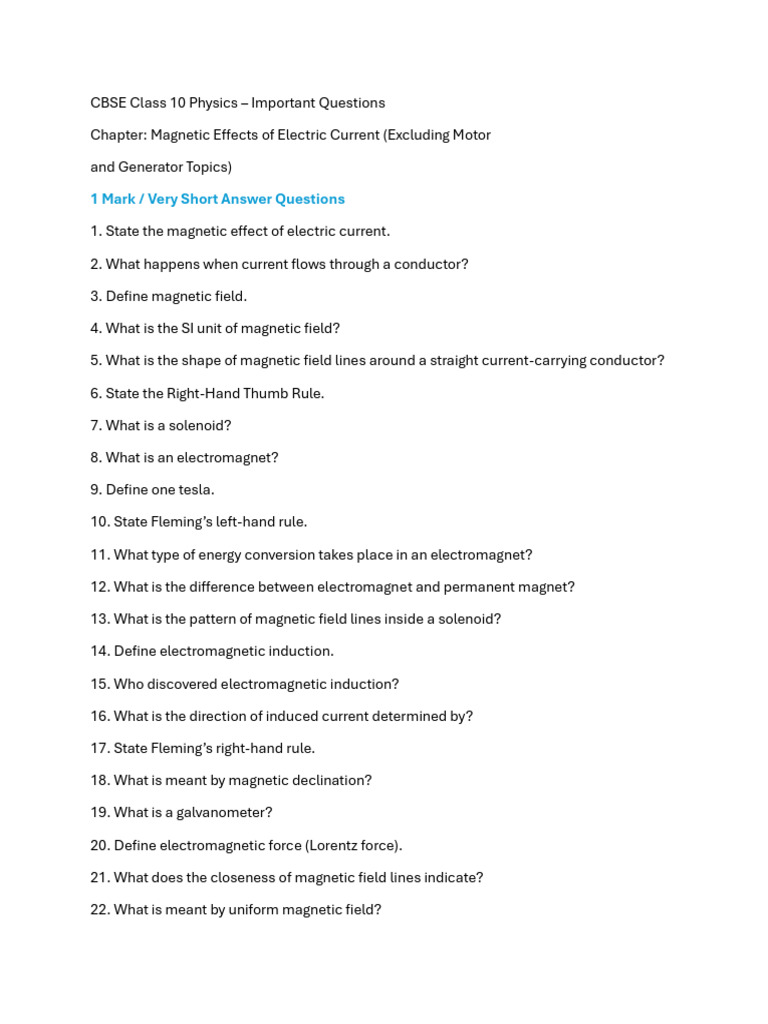 CBSE Class 10 Physics: Magnetic Effects Questions | PDF | Magnetic ...