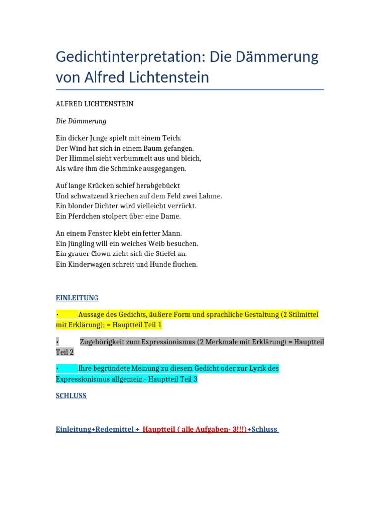 Gedichtinterpretation Lichtenstein Expressionismus | PDF