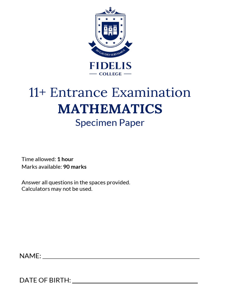 11+ Maths Entrance Exam Specimen Paper | PDF | Numbers | Volume