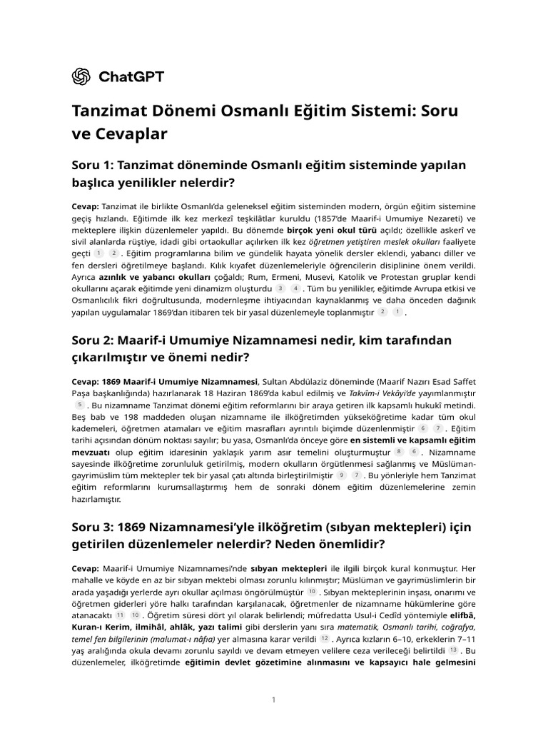 Tanzimat Dönemi Osmanlı Eğitim Sistemi - Soru Ve Cevaplar | PDF