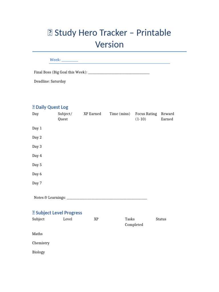 Study Hero Tracker Printable | PDF