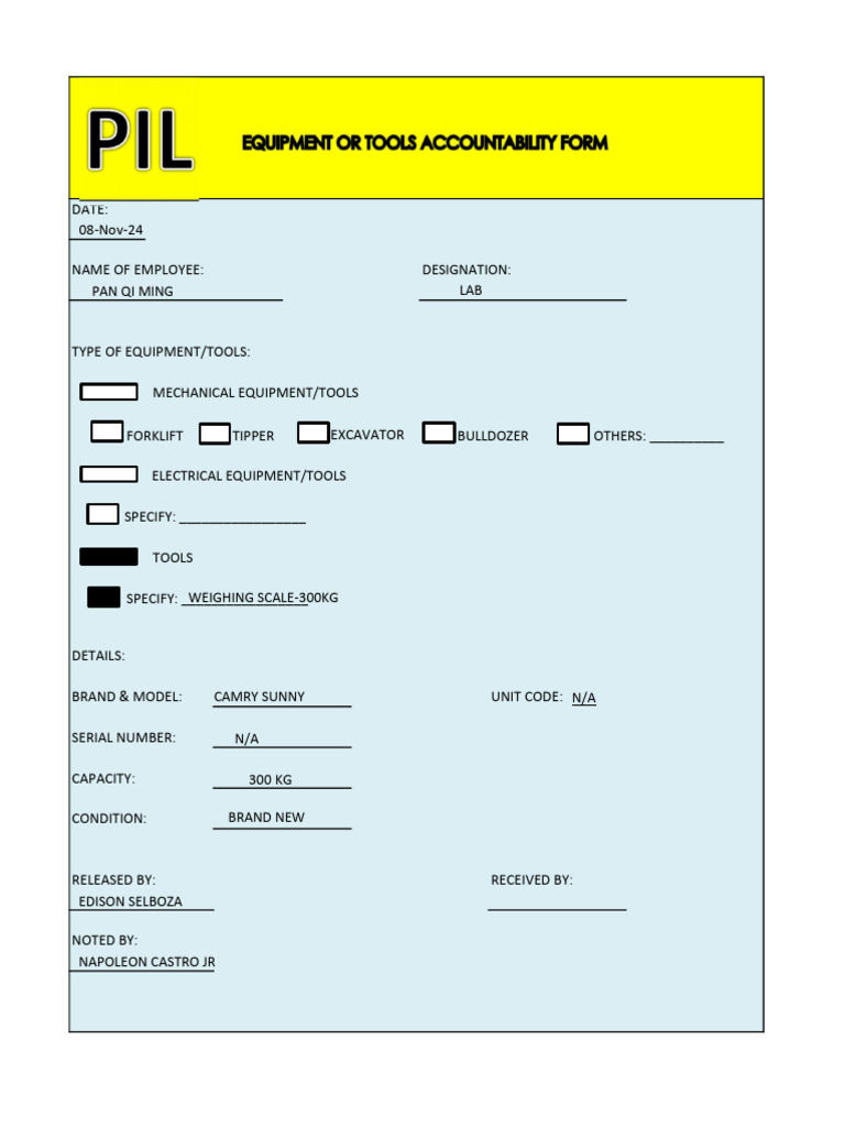 Equipment Release Form - Weighing Scale | PDF
